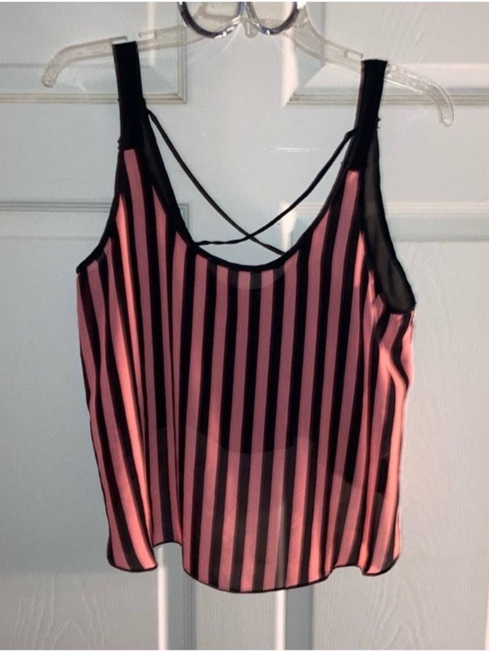 Pink and Black Vertical Stripe Crisscross-Back Camisole Tank Women’s Size L